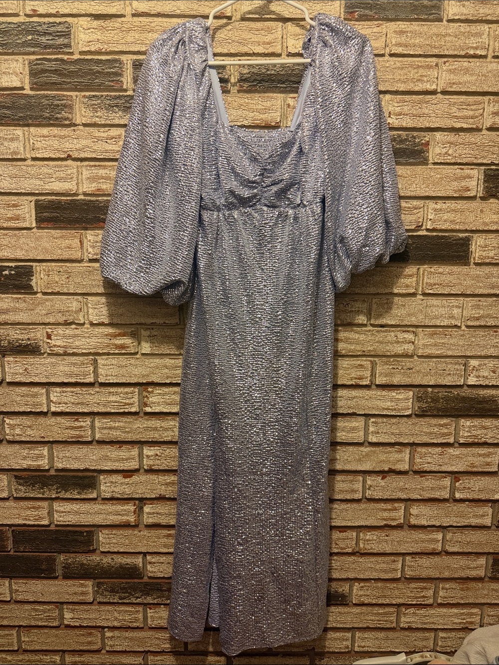 MuMu Shimmery Periwinkle Maxi Dress with Puff Sleeves